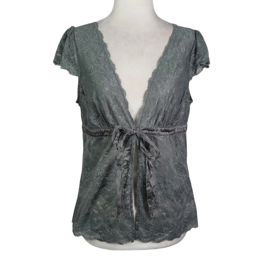 Vintage Y2K White House Black Market Grey Lace Babydoll Blouse Top M